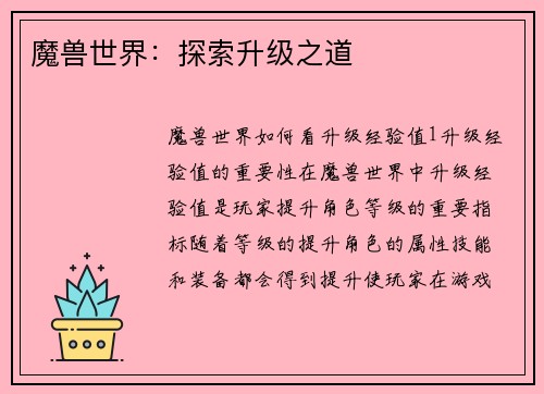 魔兽世界：探索升级之道