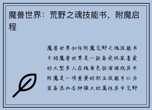 魔兽世界：荒野之魂技能书，附魔启程